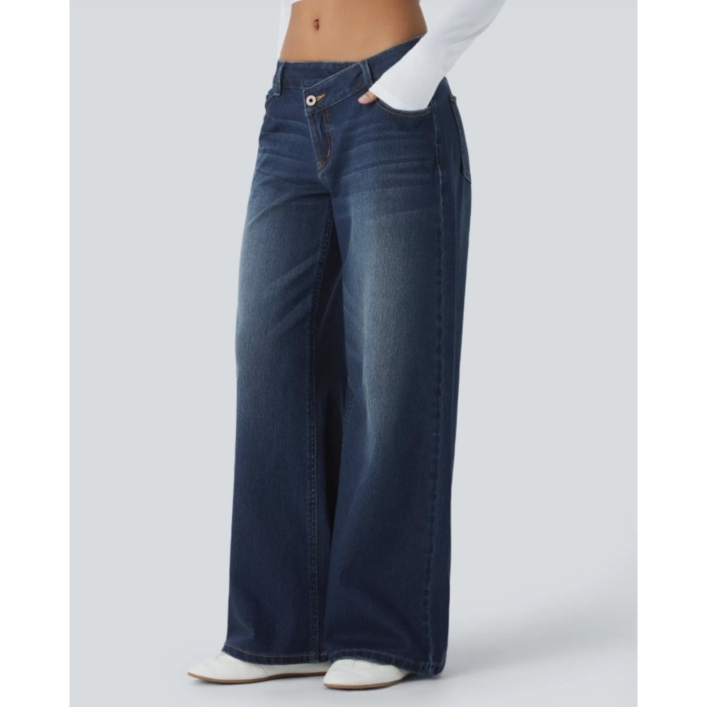 Halara Flex Asymmetric Low Rise Baggy Wide Leg Jeans Blue M Regular